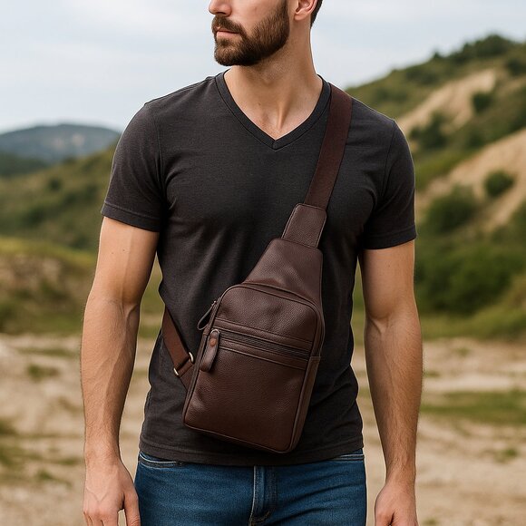 Premium Leather Fanny Sling Bag for Women Men, Brown Waist Pack Crossbody Bags - Picture 2 of 9